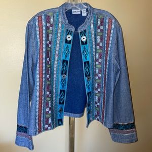 Chico’s Blue Denim Embroidered South Western Aztec Open Front Jacket NEW NWOT